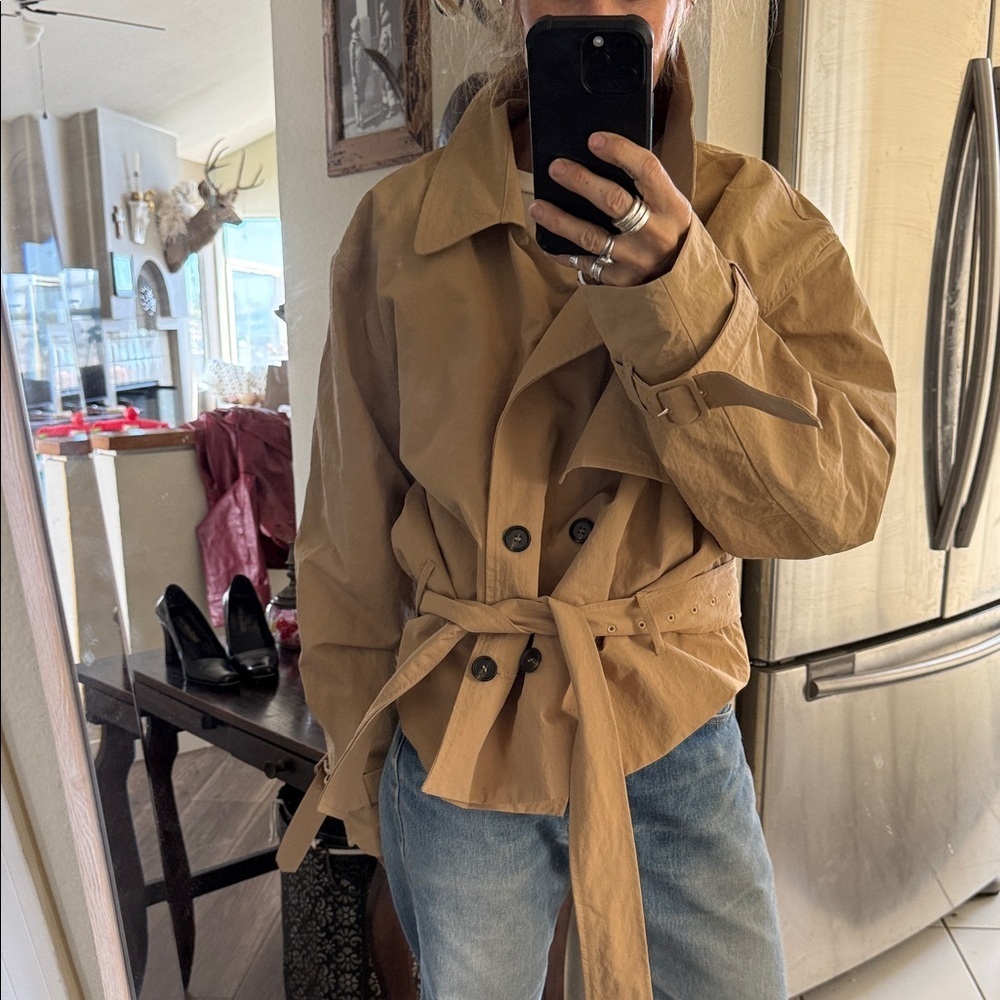 The perfect belted cropped nylon trench coat Tan Double-Breasted oversized